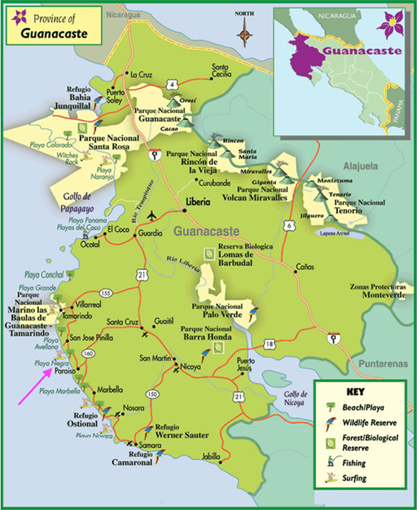 Map of Guanacaste province, Playa Negra Costa Rica Quinta Cielo Azul